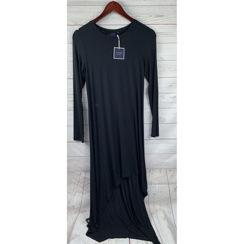 Kaari Blue Dress Womens XS Black High Low Long Sleeve Maxi Asymmetricalโ Solid
